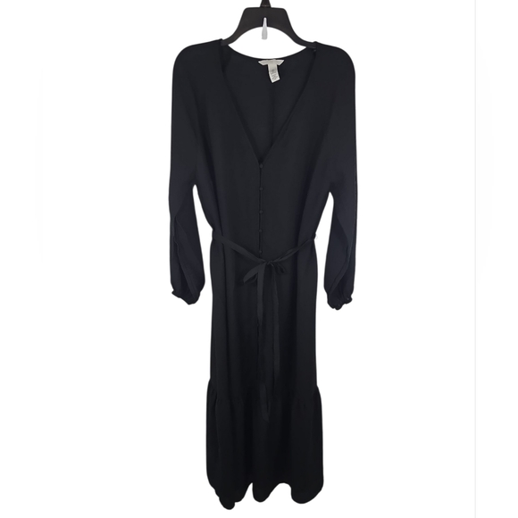 {H&M} Black Balloon Sleeve Button-Down Tie-Belt Maxi Dress - Size Large - Picture 3 of 15